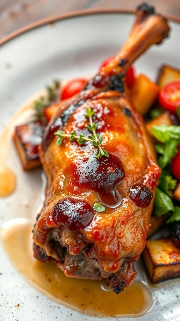 A plate of duck confit with crispy skin, served with roasted vegetables and salad.